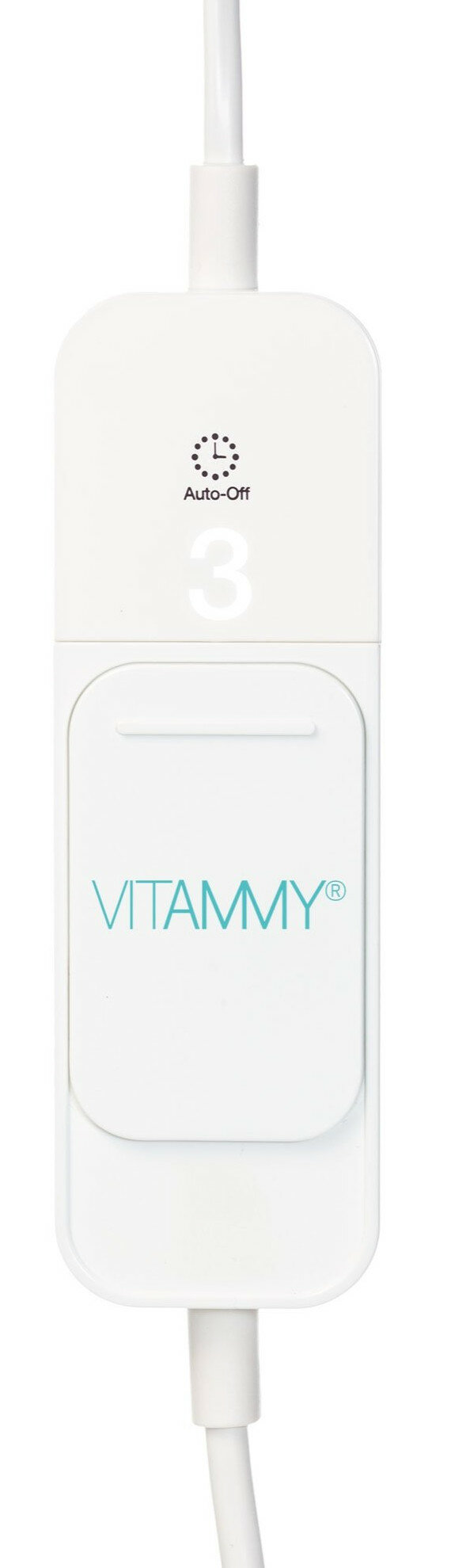 Biały zasilacz z białym kablem. Na adapterze napis VITAMMY i cyfra 3.