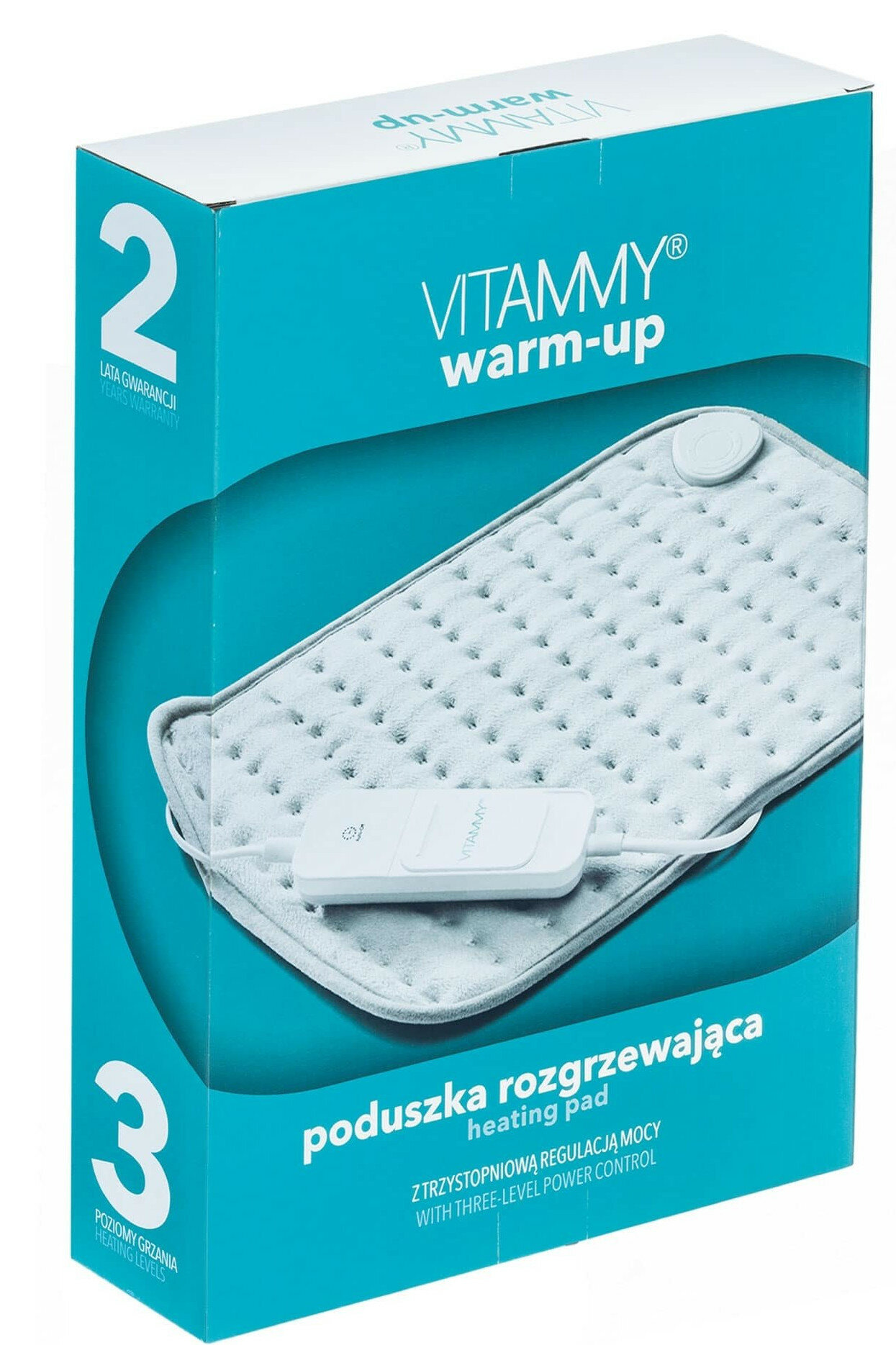 Biało-niebieskie pudełko z poduszką rozgrzewającą. Pudełko zawiera tekst i obraz produktu.