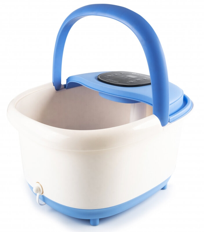 Urządzenie do kąpieli stóp w kolorze białym i niebieskim, z niebieskim uchwytem i panelem sterowania na górze.