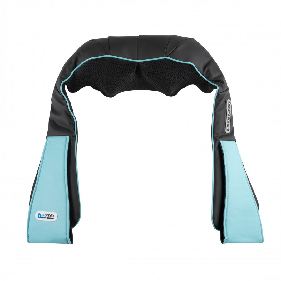 Masażer szyi, czarny i jasnoniebieski, z przyciskami sterowania.