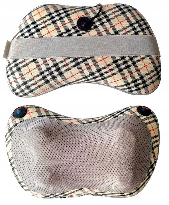 Poduszka do masażu w kratę, z guzikami i paskiem. Spód pokazuje siatkę.