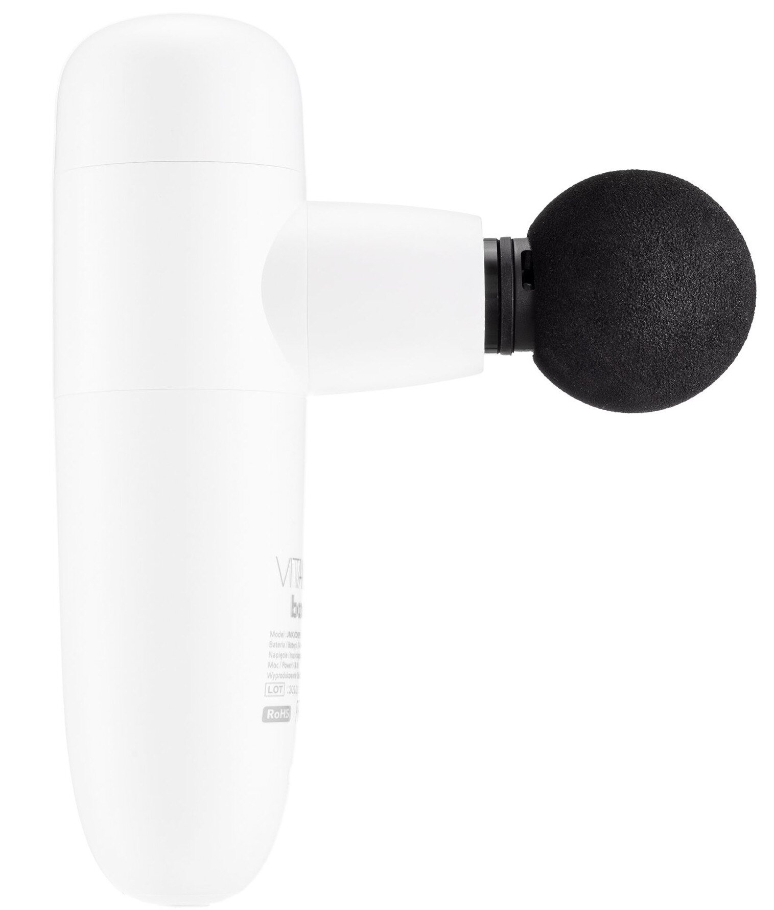 Biały pistolet do masażu z czarną głowicą. Widok z boku. Na białym tle.