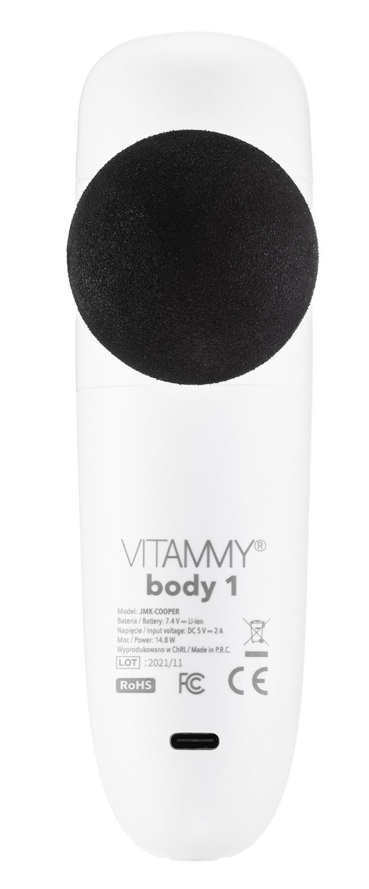 Białe urządzenie Body 1 z czarną, okrągłą górą i informacjami o produkcie.