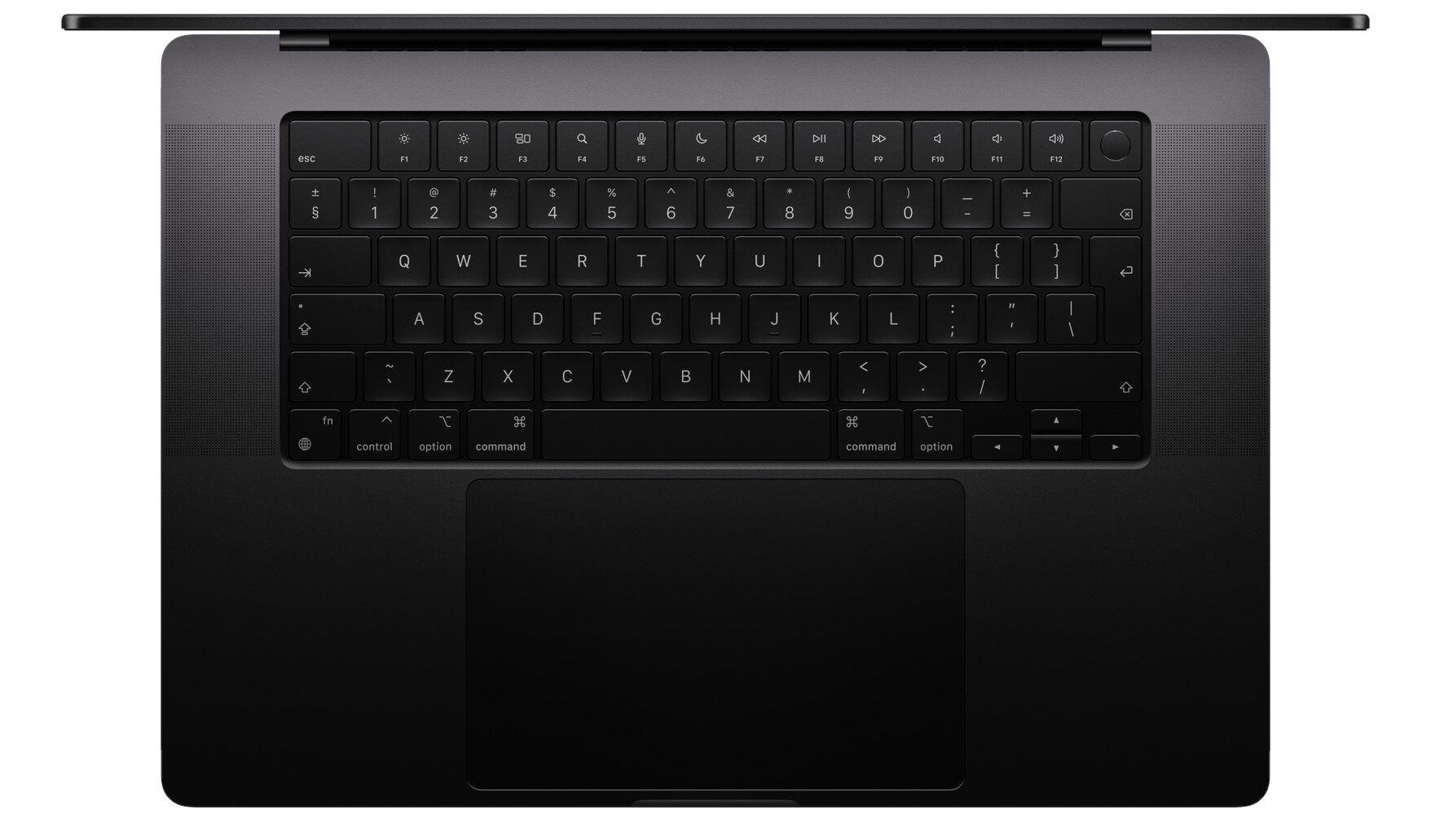 Klawiatura laptopa, widok z góry, czarne klawisze na szarej powierzchni.