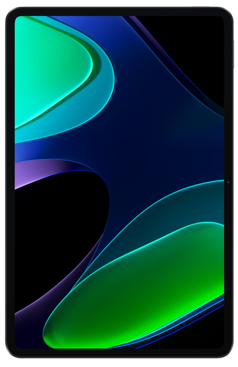 Tablet z kolorowym, abstrakcyjnym wzorem na ekranie. Tablet jest czarny i ma elegancki design.