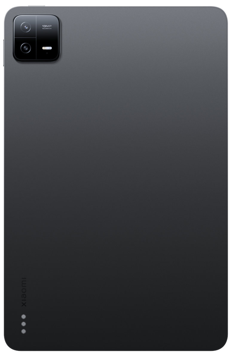 Czarny tył tabletu z aparatem. Logo Xiaomi na dole. Elegancki, minimalistyczny design.