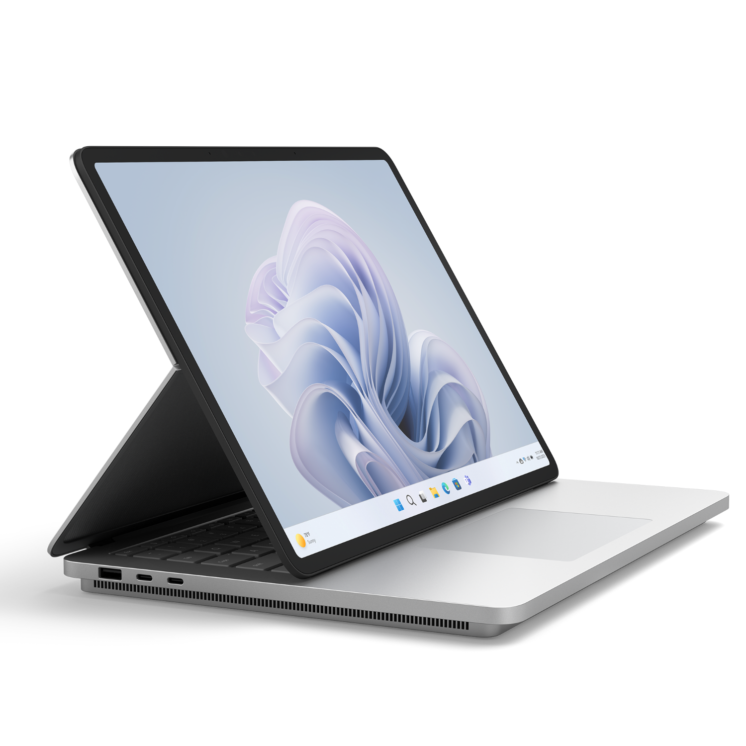 A silver laptop with a black screen is open. It is propped up on a stand.