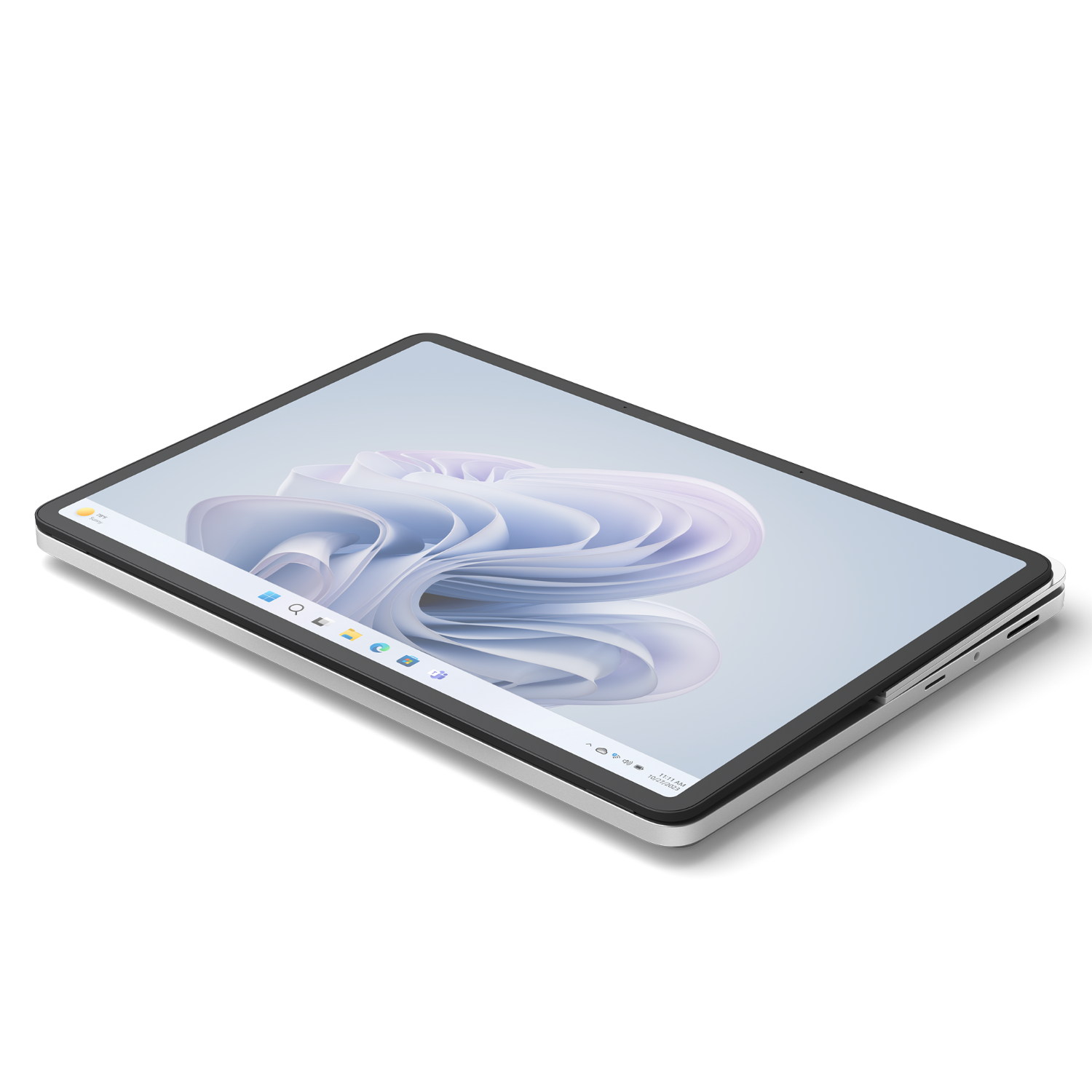 Tablet, angled view, white with a black border and a light blue UI on the screen.