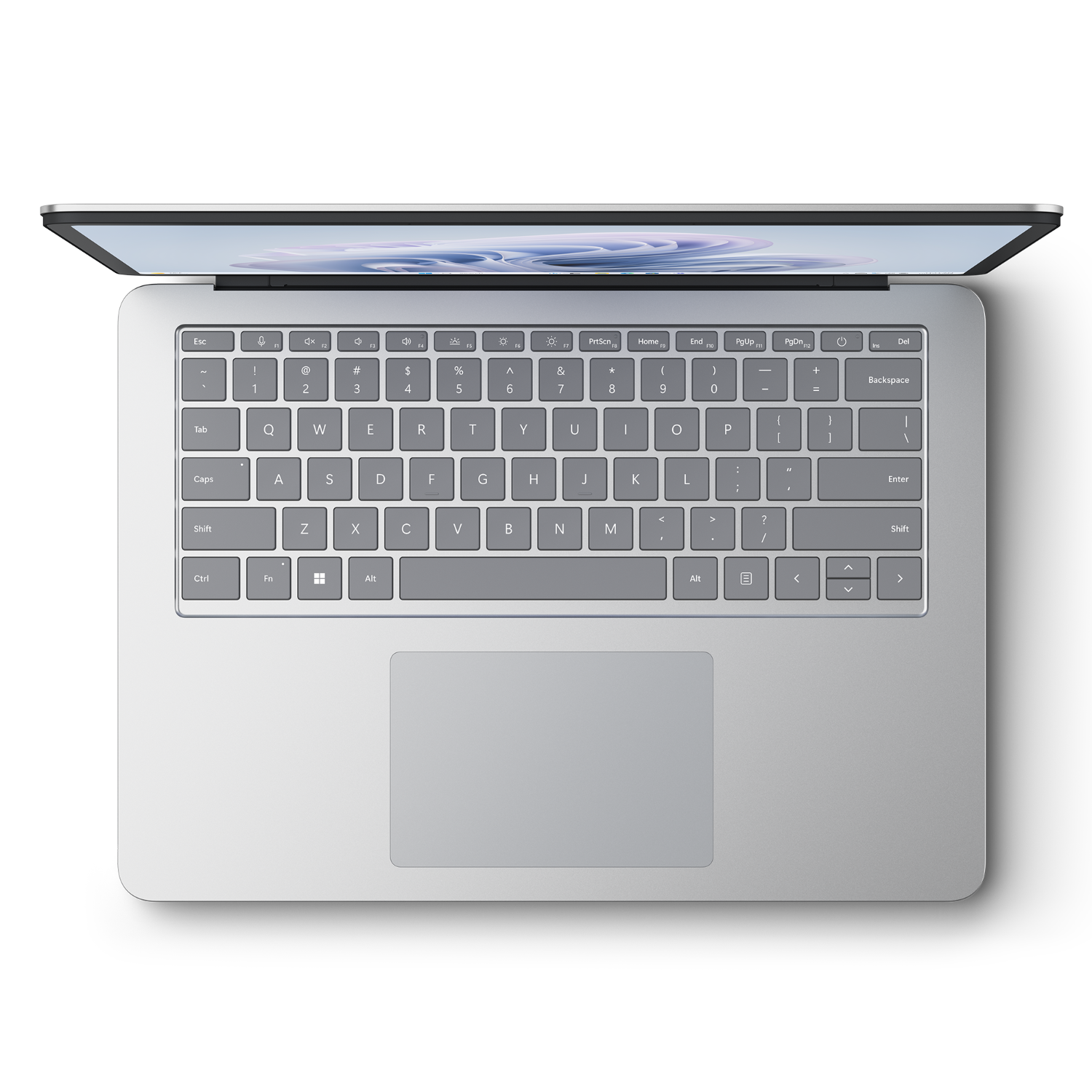 Bovenaanzicht van een laptop met toetsenbord en trackpad op een zwarte achtergrond.