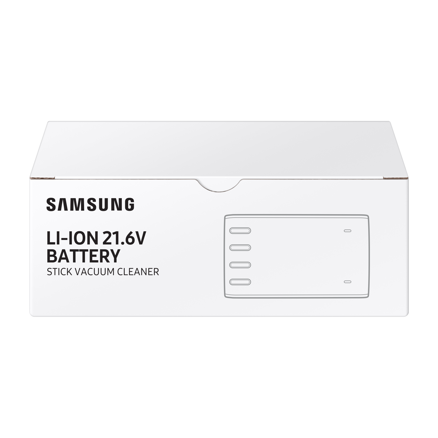 A white box labeled SAMSUNG LI-ION 21.6V BATTERY for a stick vacuum cleaner.