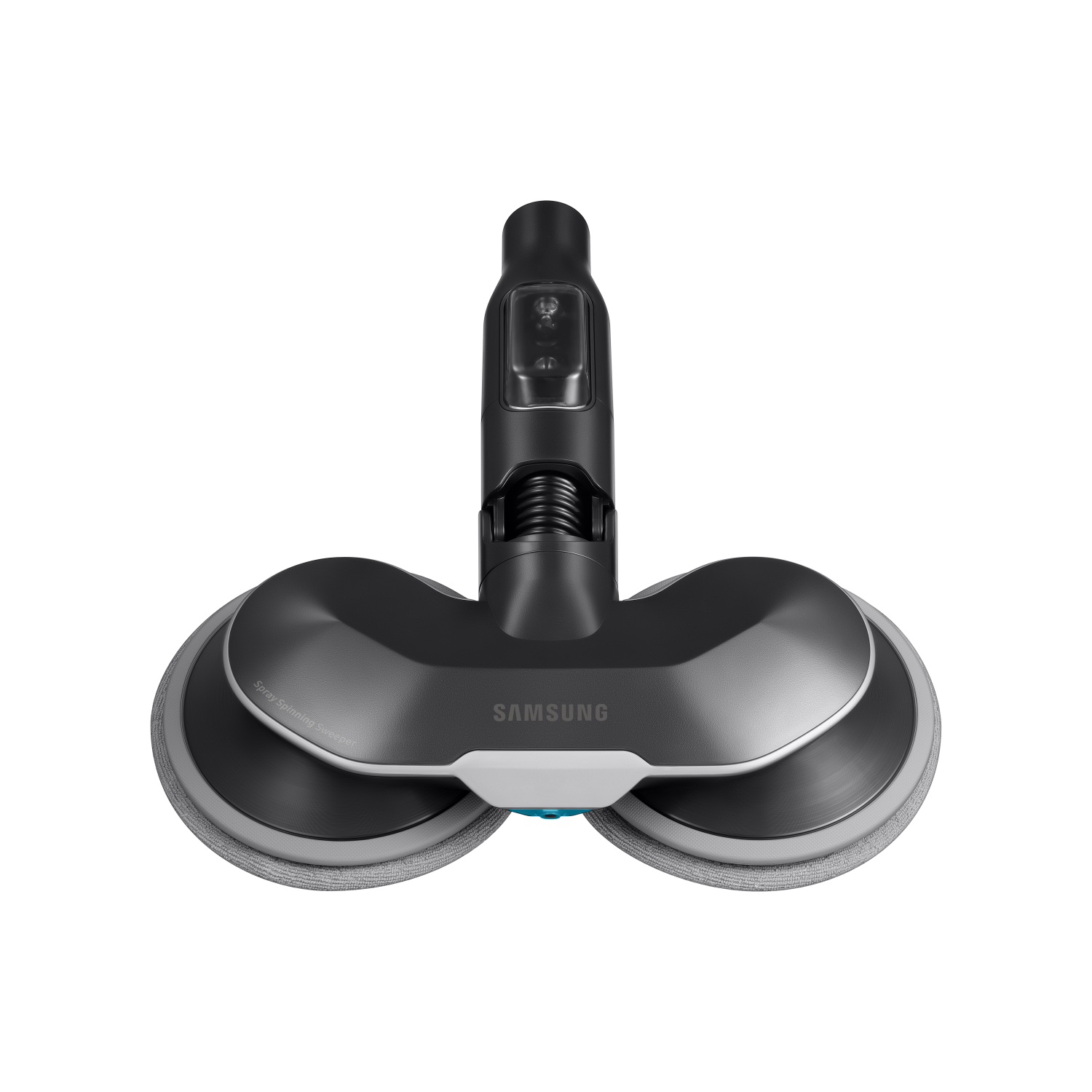 A black and grey Samsung floor cleaner with two round pads on a black background.