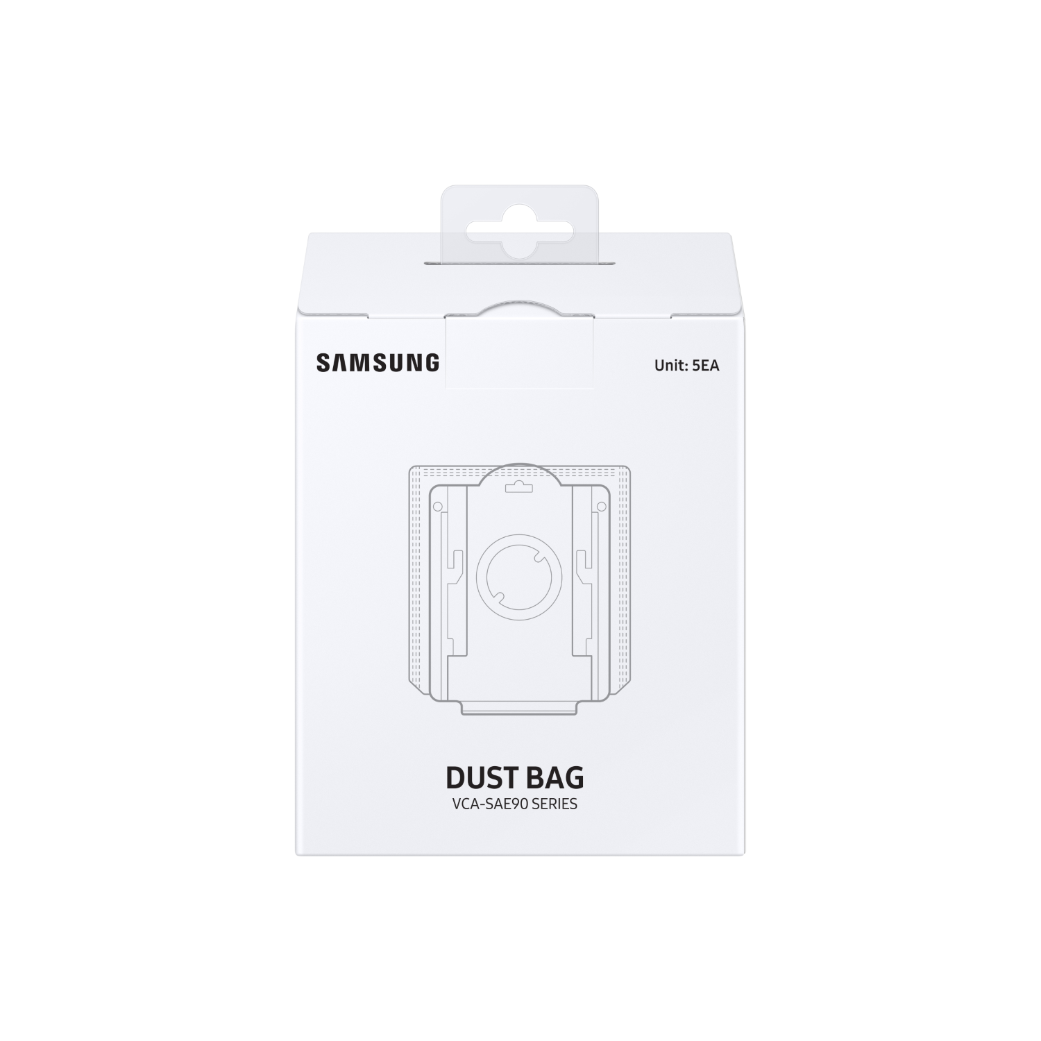 White Samsung dust bag package. The package is on a white background.