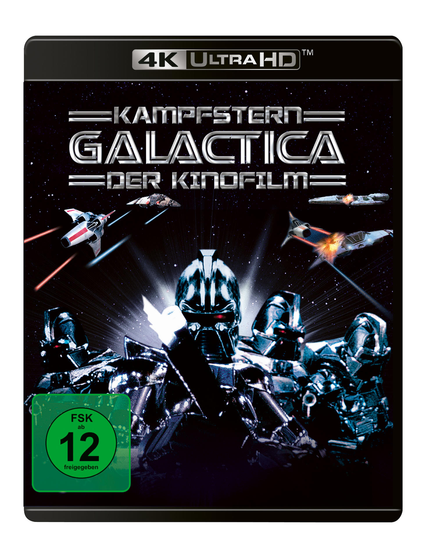 DVD-Cover von 'Kampfstern Galactica'. Sci-Fi-Szene mit Raumschiffen und Robotern, mit Text auf dem Cover.