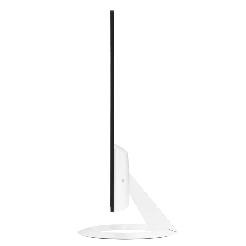 Weißer Computermonitor, Seitenansicht. Schwarzer Bildschirm, weißer Ständer. Weißer Hintergrund.