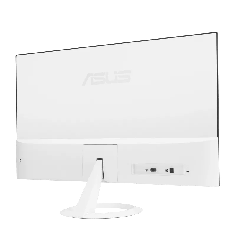 Rückansicht eines weißen ASUS-Monitors mit Ständer und Anschlüssen auf weißem Hintergrund.