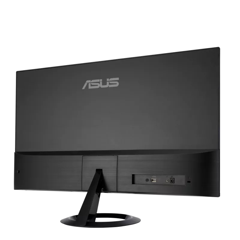 Rückansicht eines schwarzen Computermonitors. Mit ASUS-Logo und Anschlüssen auf der Rückseite.