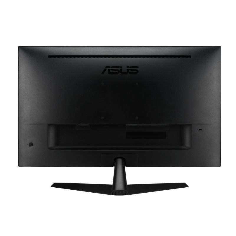 Rückseite eines schwarzen Computermonitors mit dem ASUS-Logo und Ständer.
