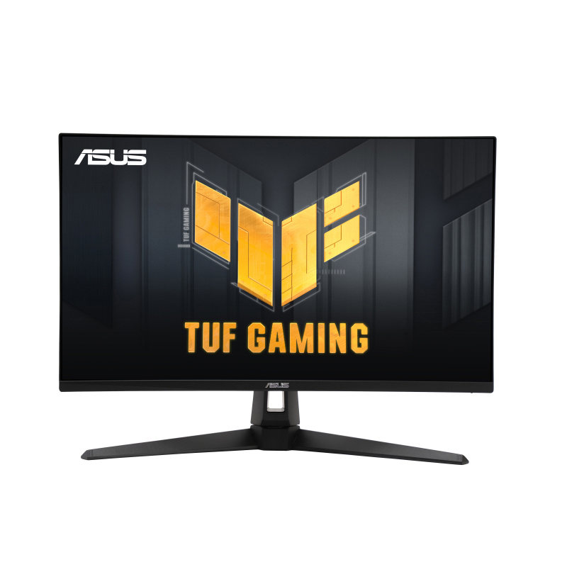 Schwarzer ASUS TUF Gaming Monitor mit Logo auf schwarz-gelbem Hintergrund.