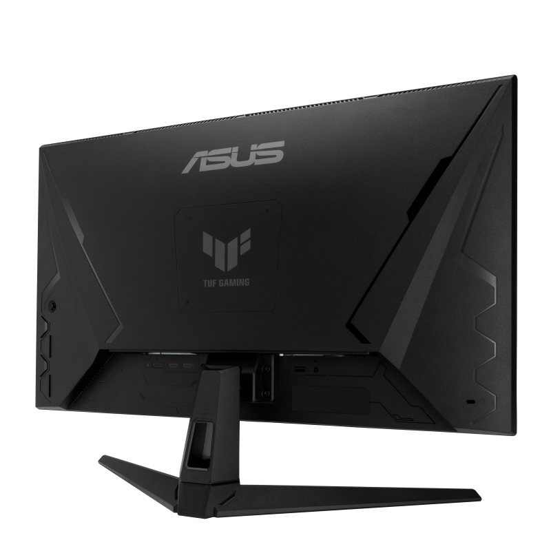 Rückansicht eines ASUS Gaming-Monitors auf einem schwarzen Ständer mit verschiedenen Anschlüssen.