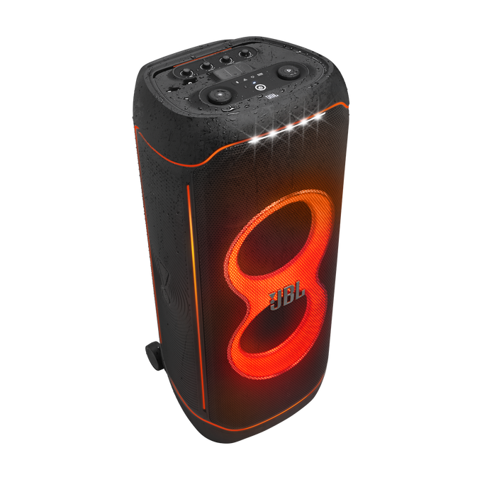 Turuncu ışıklı siyah hoparlör. Üstte kontroller. Önde JBL logosu.