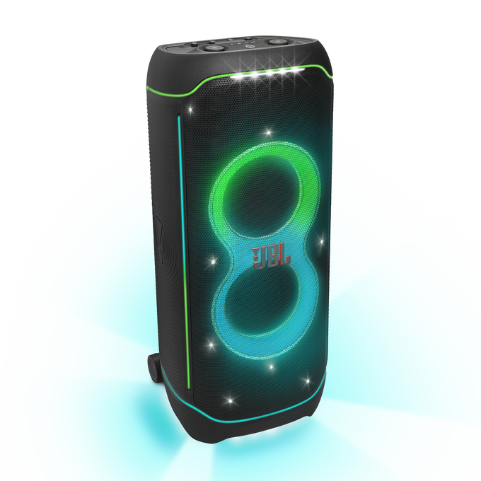 Renkli ışıklarla siyah bir JBL hoparlör. Ön tarafında neon benzeri bir tasarımda 8 rakamı var.