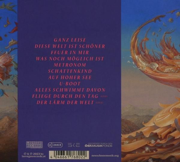 Albumcover mit Songtiteln in weißer Schrift auf lila Hintergrund mit abstraktem Design.