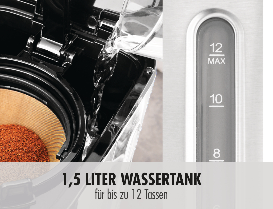 Wasser wird in eine Kaffeemaschine gegossen. Eine Anzeige zeigt den Wasserstand, mit Max markiert.