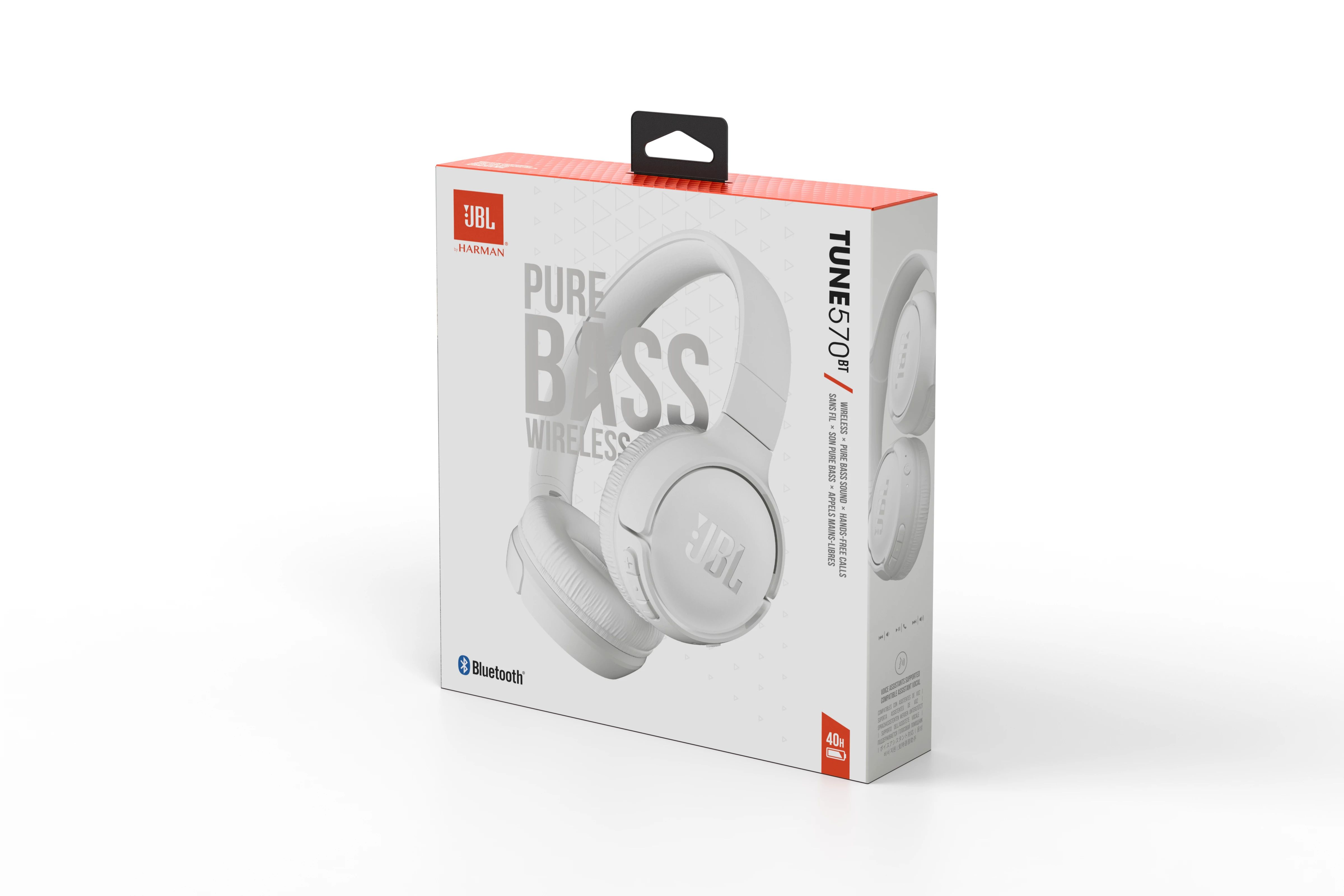 Beyaz kulaklık kutusu. JBL kulaklıklar resmedilmiş. Metin 'PURE BASS' ve 'TUNE 570BT' içerir.