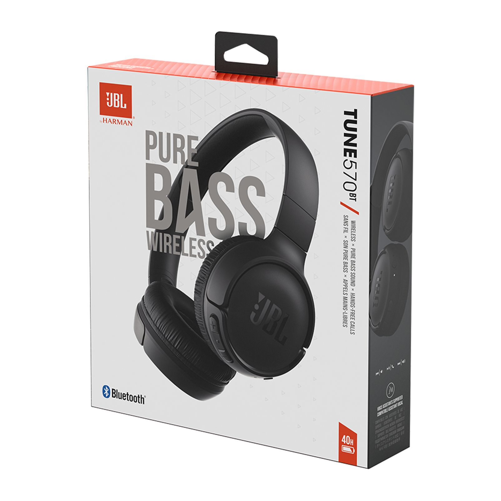 JBL Tune 570BT kablosuz kulaklık kutusu. Kutu, kulaklıkların bir resmiyle beyazdır.