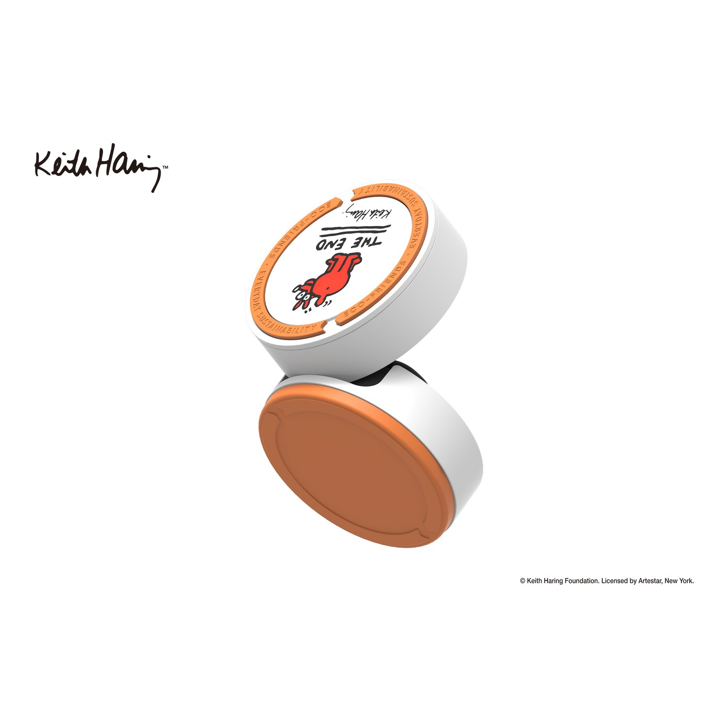 Keith Haring stempel, wit en oranje, met de tekst 'THE END'.