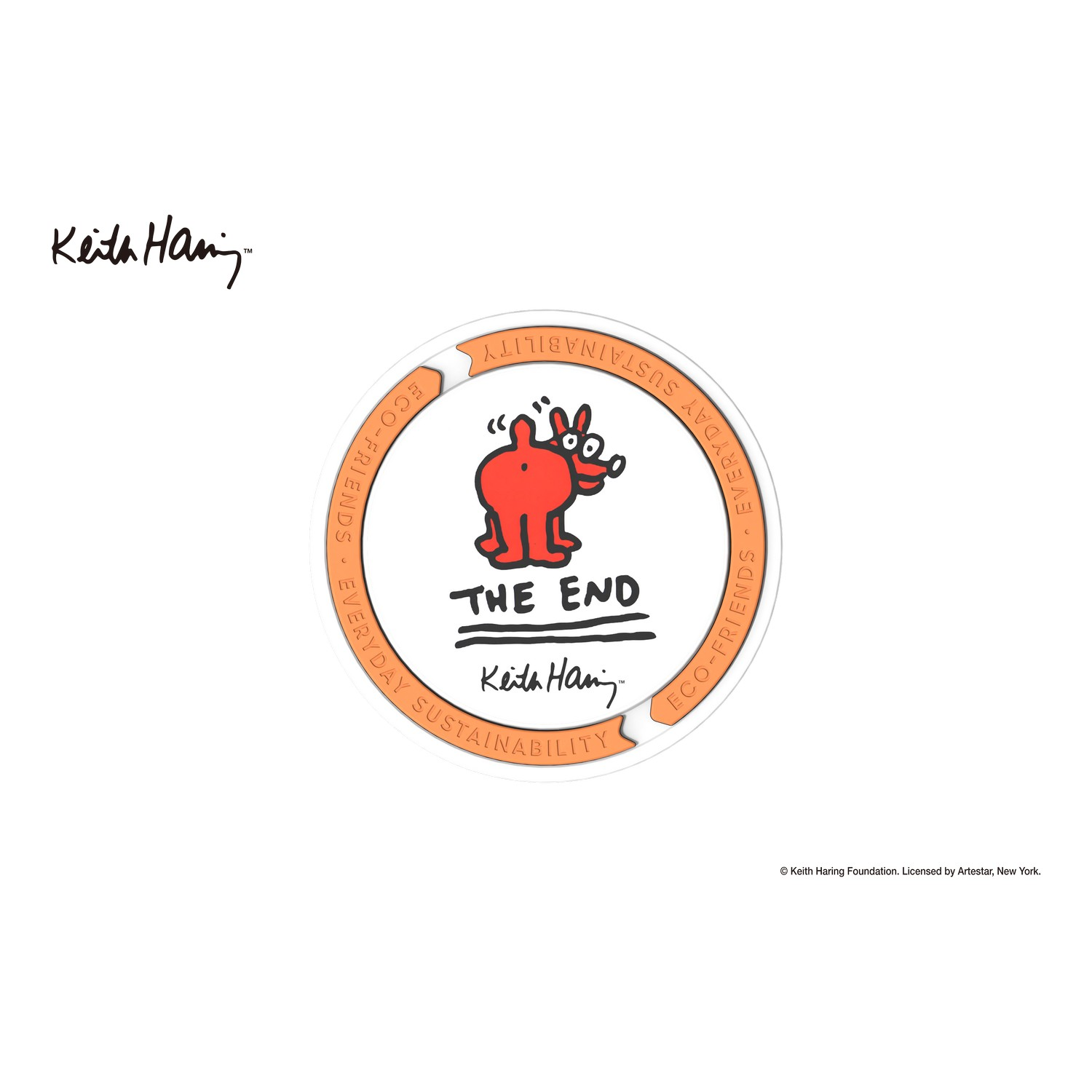 Cirkelvormige sticker met een rood personage en de tekst 'THE END' op een witte achtergrond.
