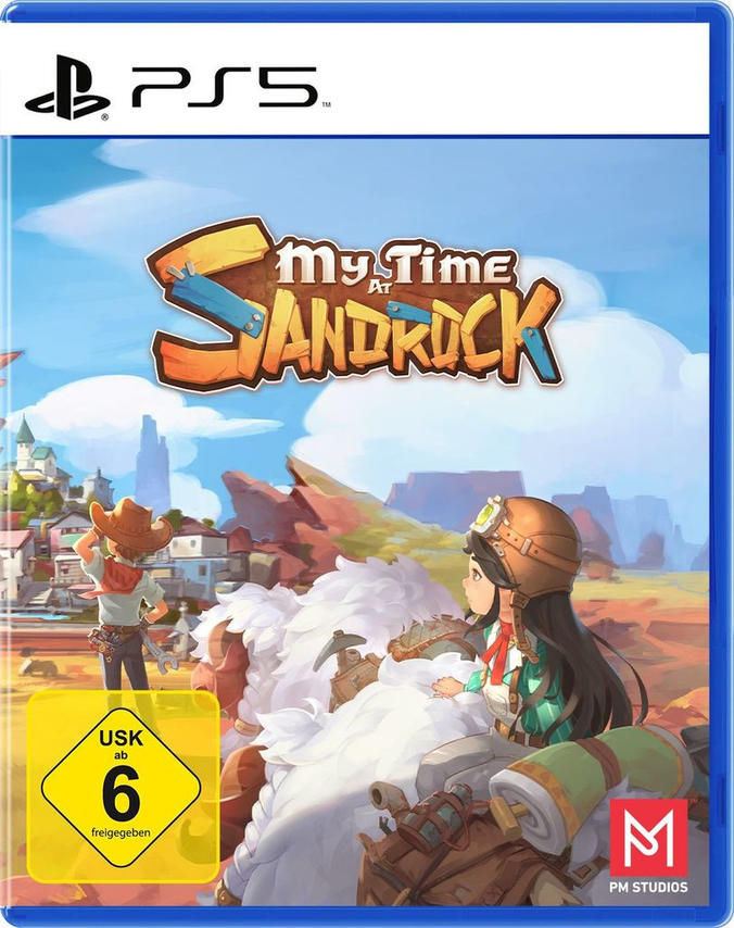 PS5-Spielcover. My Time at Sandrock. Ein Cowboy und eine Frau mit Hut in einer Wüstenszene.