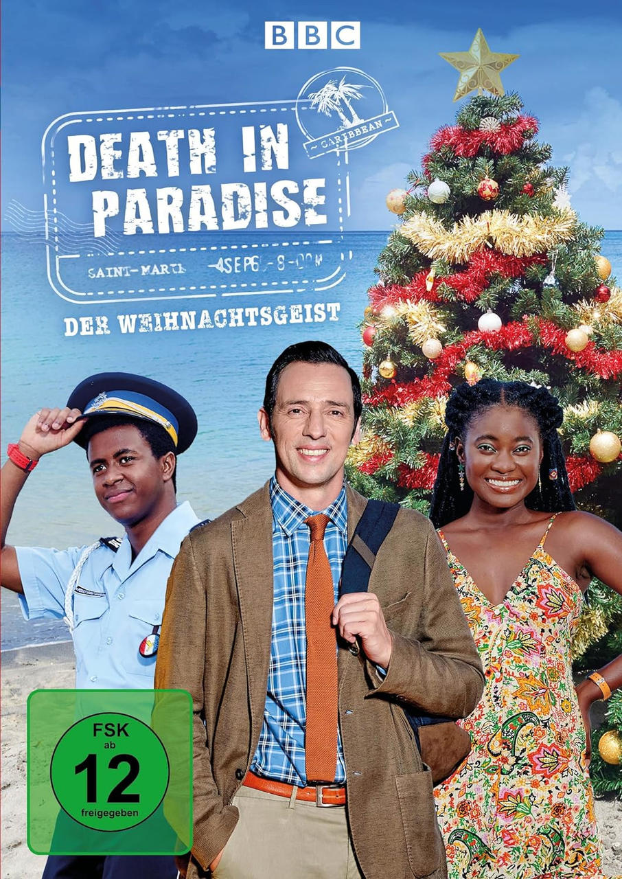 DVD-Cover von „Death in Paradise“, drei Personen mit Weihnachtsbaum.