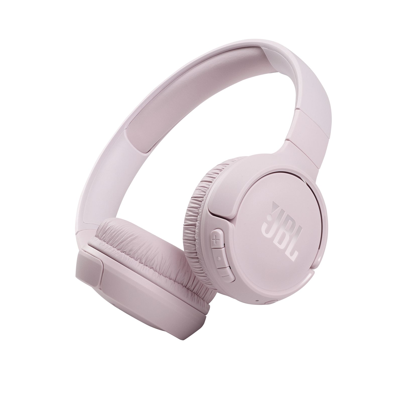 Pembe JBL kulaklıklar, açılı, kulaklıkları ve kafa bandını beyaz bir arka plan üzerinde gösteriyor.