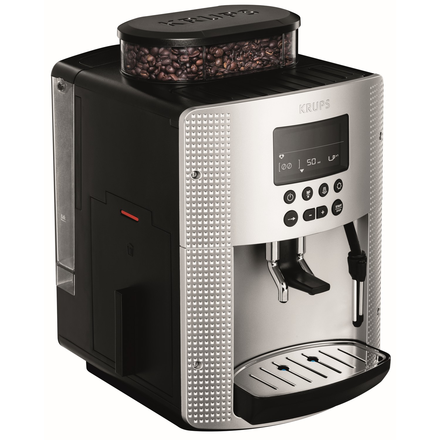 A KRUPS coffee machine with a bean container on top. The machine is silver and black.