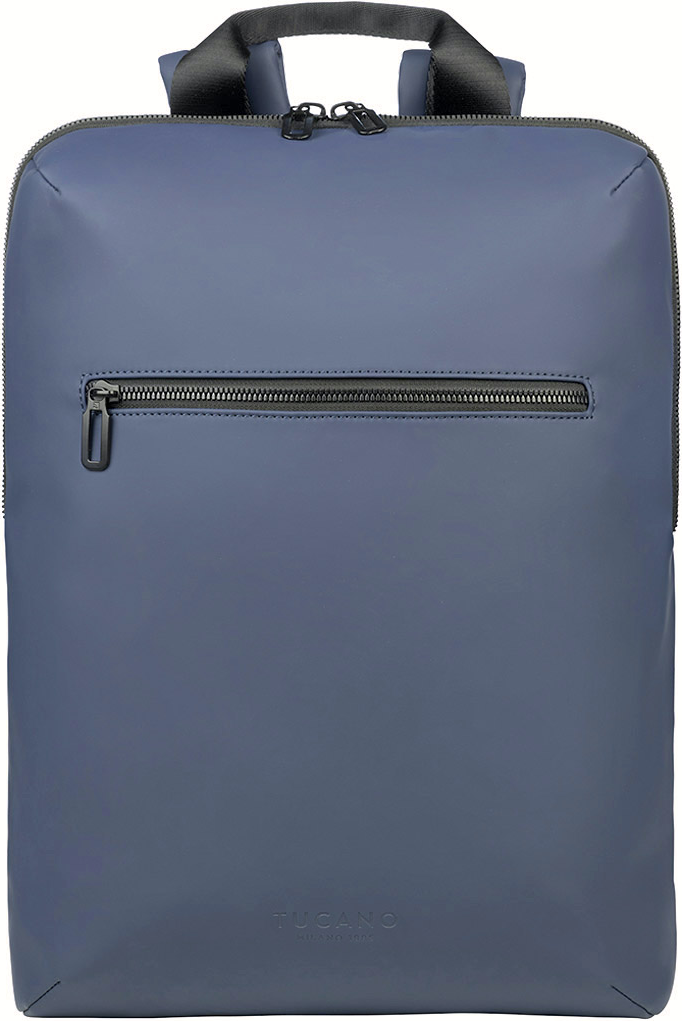 Blauer Rucksack mit Reißverschlusstasche und dem Markennamen Tucano.