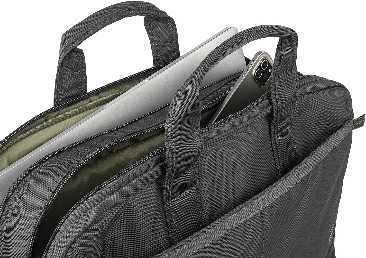 Eine graue Laptoptasche mit offenem Reißverschluss, die einen Laptop und ein Telefon zeigt.