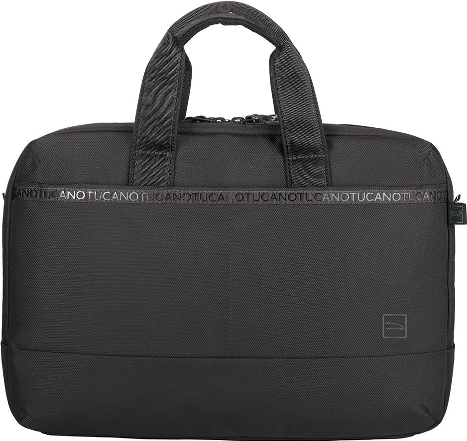 Eine schwarze TUCANO Laptoptasche mit Griff und Text.