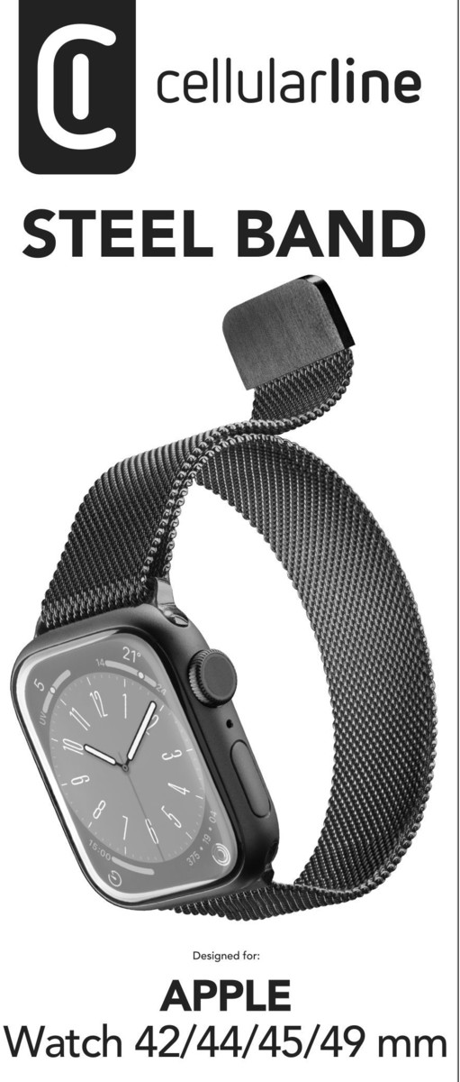 Schwarze Apple Watch mit Mesh-Armband und Cellularline-Logo.