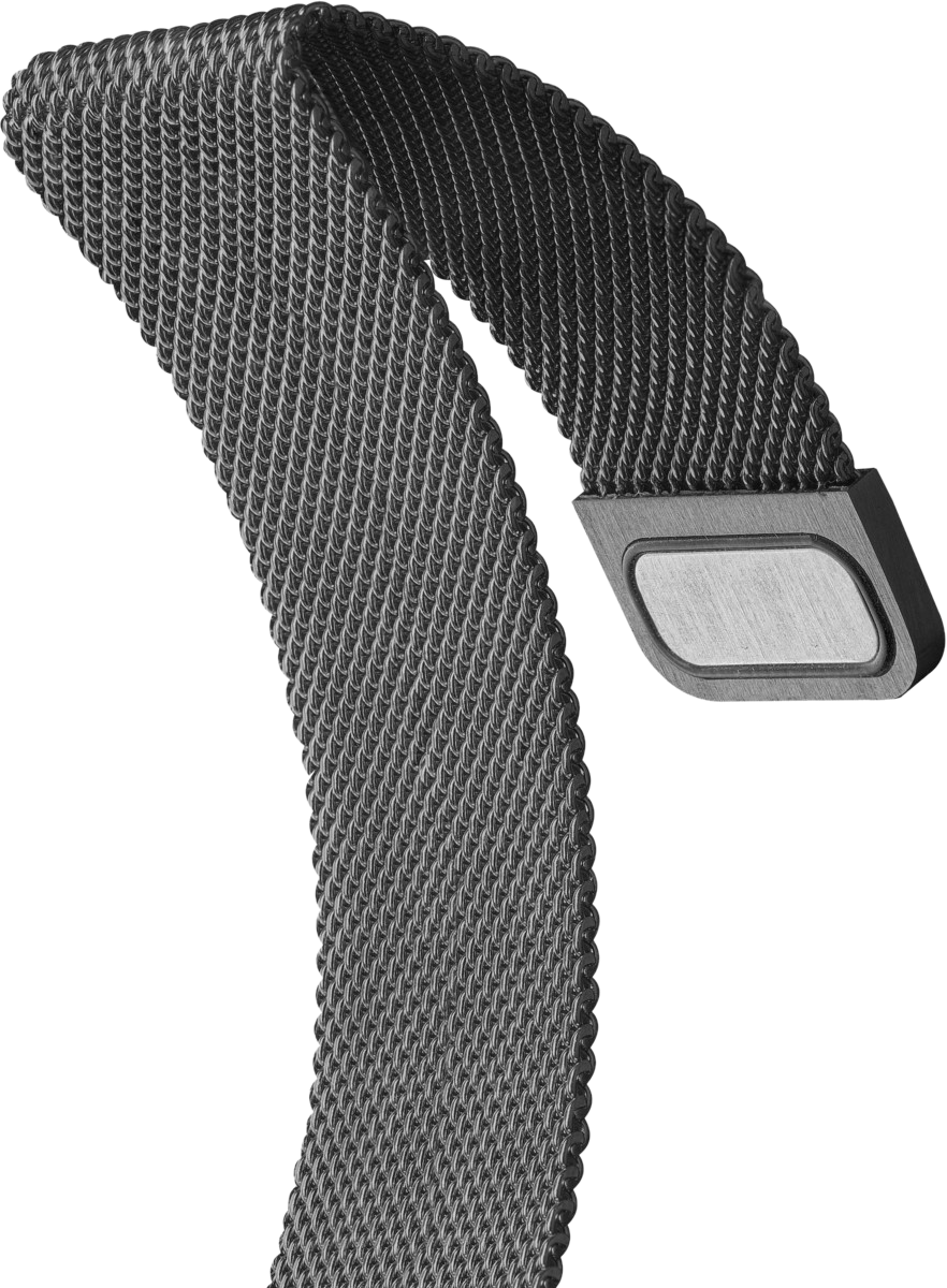 Nahaufnahme eines dunklen, metallischen Mesh-Uhrenarmbands mit silbernem Verschluss.