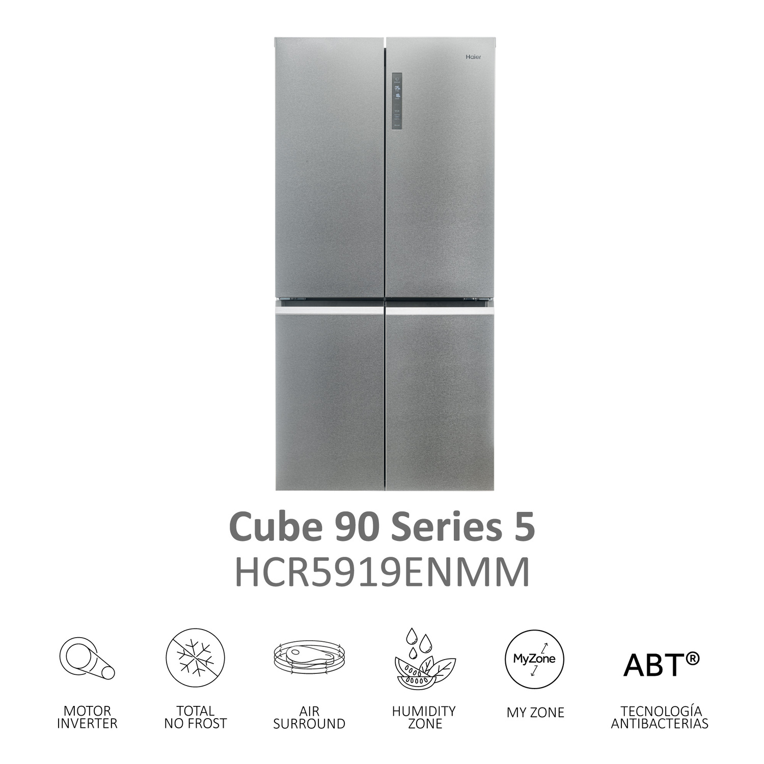 Un refrigerador plateado con cuatro puertas y una superposición de texto. El texto muestra características y especificaciones.