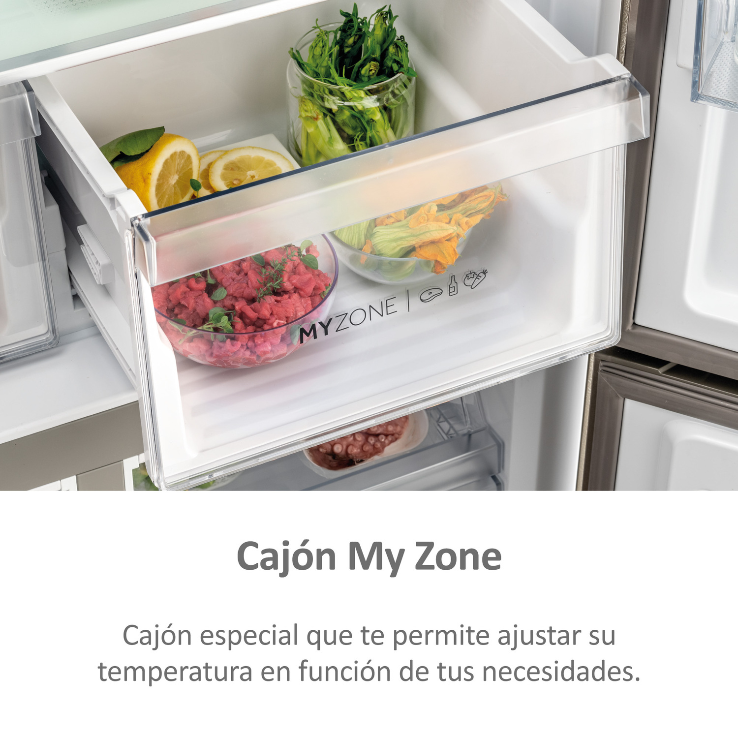 Cajón de refrigerador con alimentos: limones, tomates y flores. Concepto de zona especial.