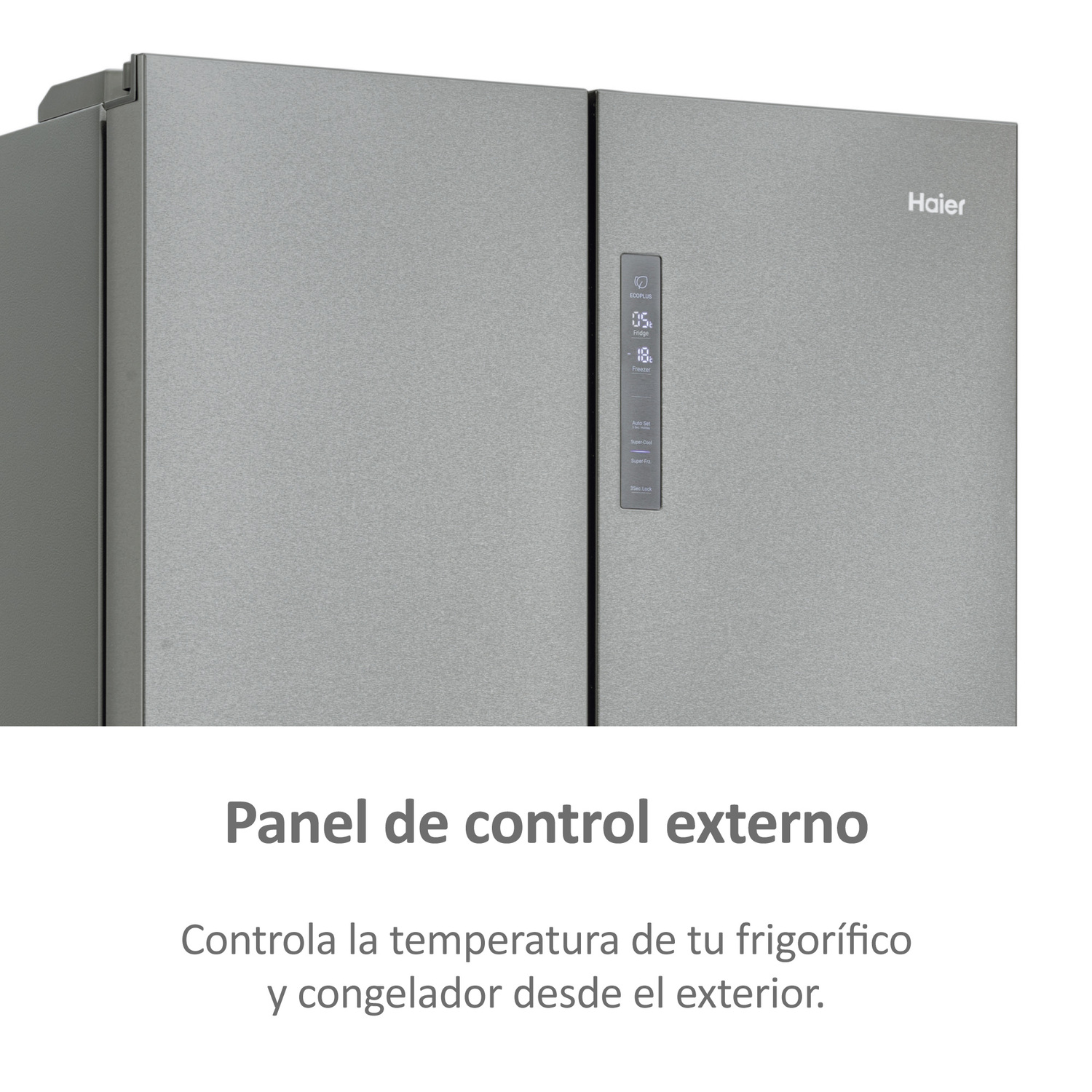 Un primer plano de un refrigerador Haier gris. El panel de control es visible.