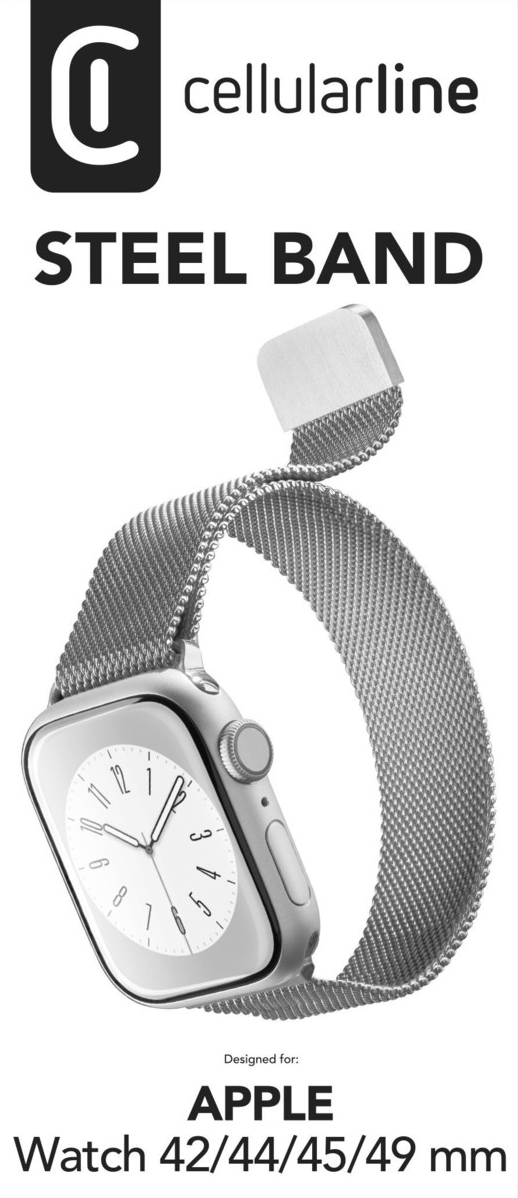 Cellularline Steel Band für Apple Watch. Silberne Uhr und Armband. Weißer Hintergrund.