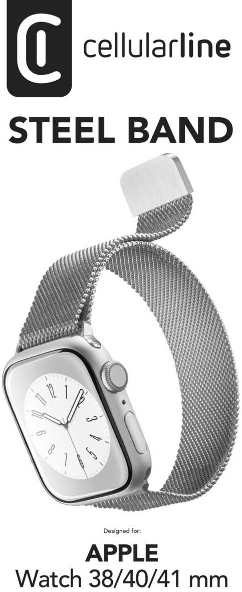 Silberne Apple Watch mit Stahlband, Produktwerbung.