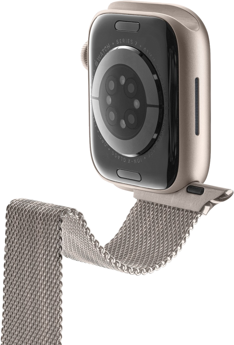 Rückansicht der Apple Watch Series 7. Silbernes Armband befestigt. Die Uhr hat eine schwarze Oberfläche.