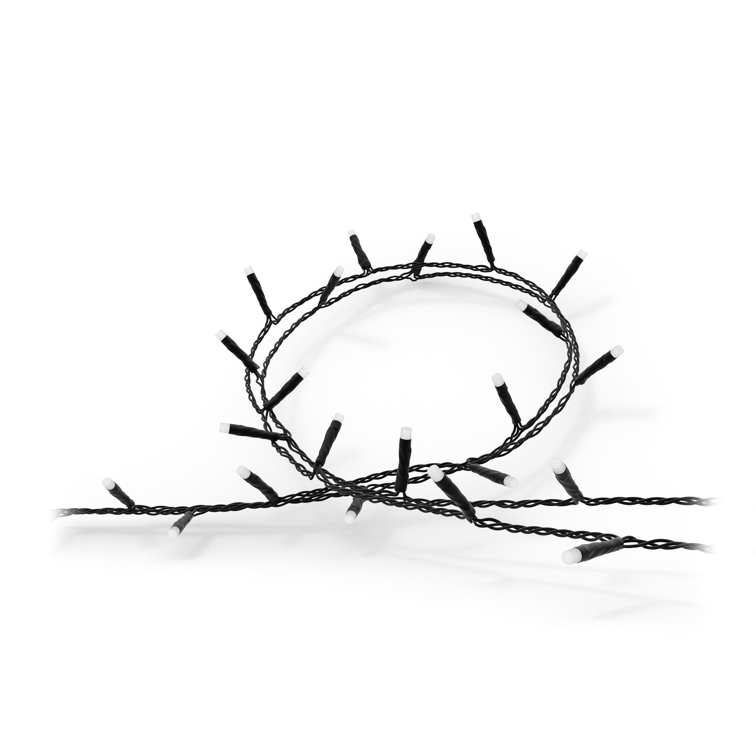 Lichterkette mit schwarzen Lichtern und weißen Glühbirnen auf weißem Grund.