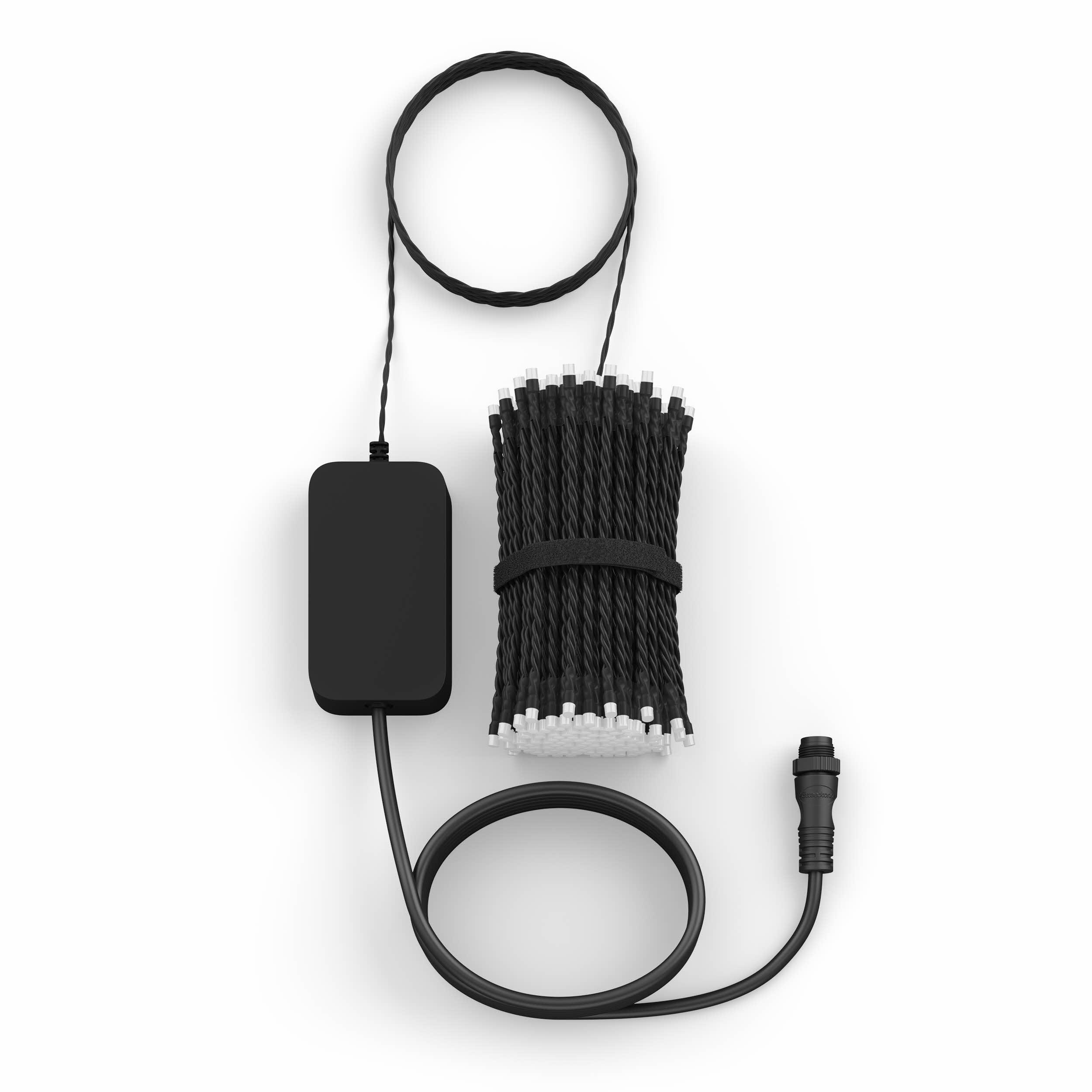 Schwarzes Kabel mit schwarzem Netzteil und schwarzen Lichtern in einem Bündel.