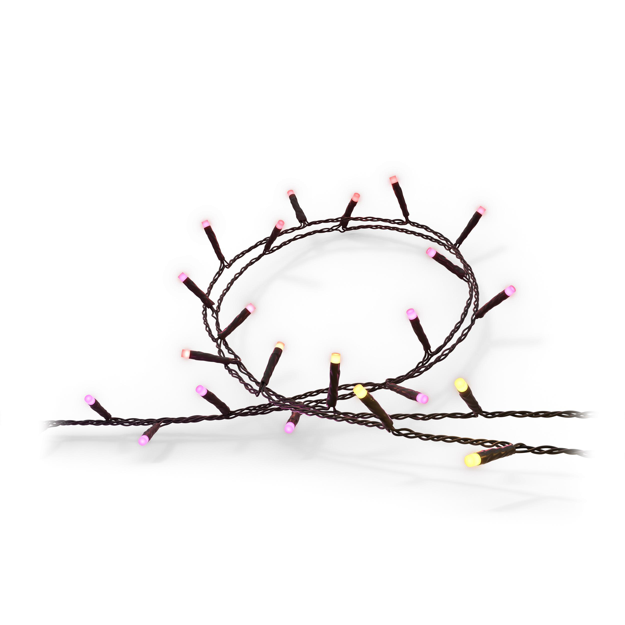 Lichterkette mit rosa und gelben Glühbirnen auf weißem Hintergrund.