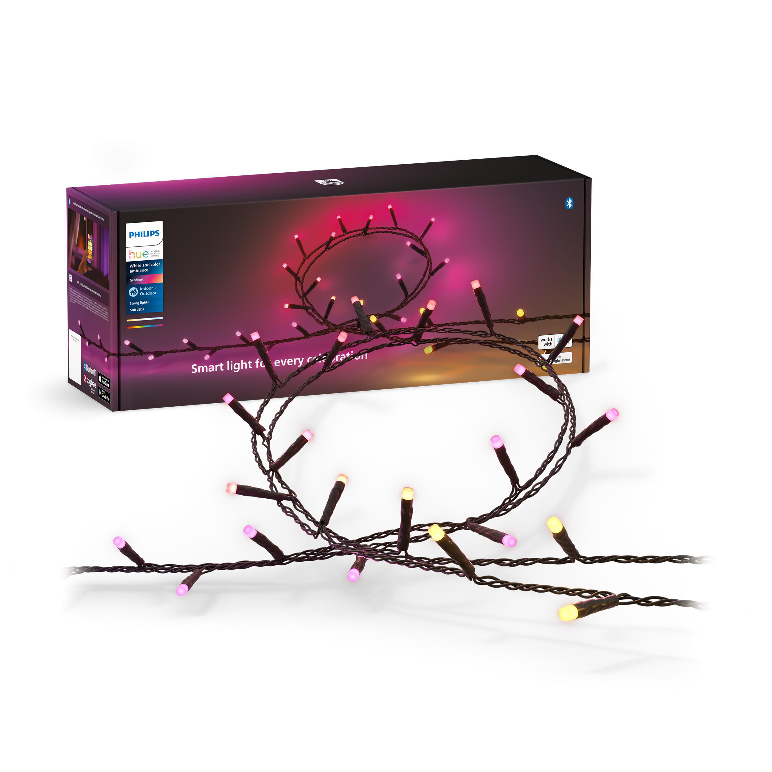 Eine Lichterkette mit smarten LEDs und ihre Box auf weißem Hintergrund.